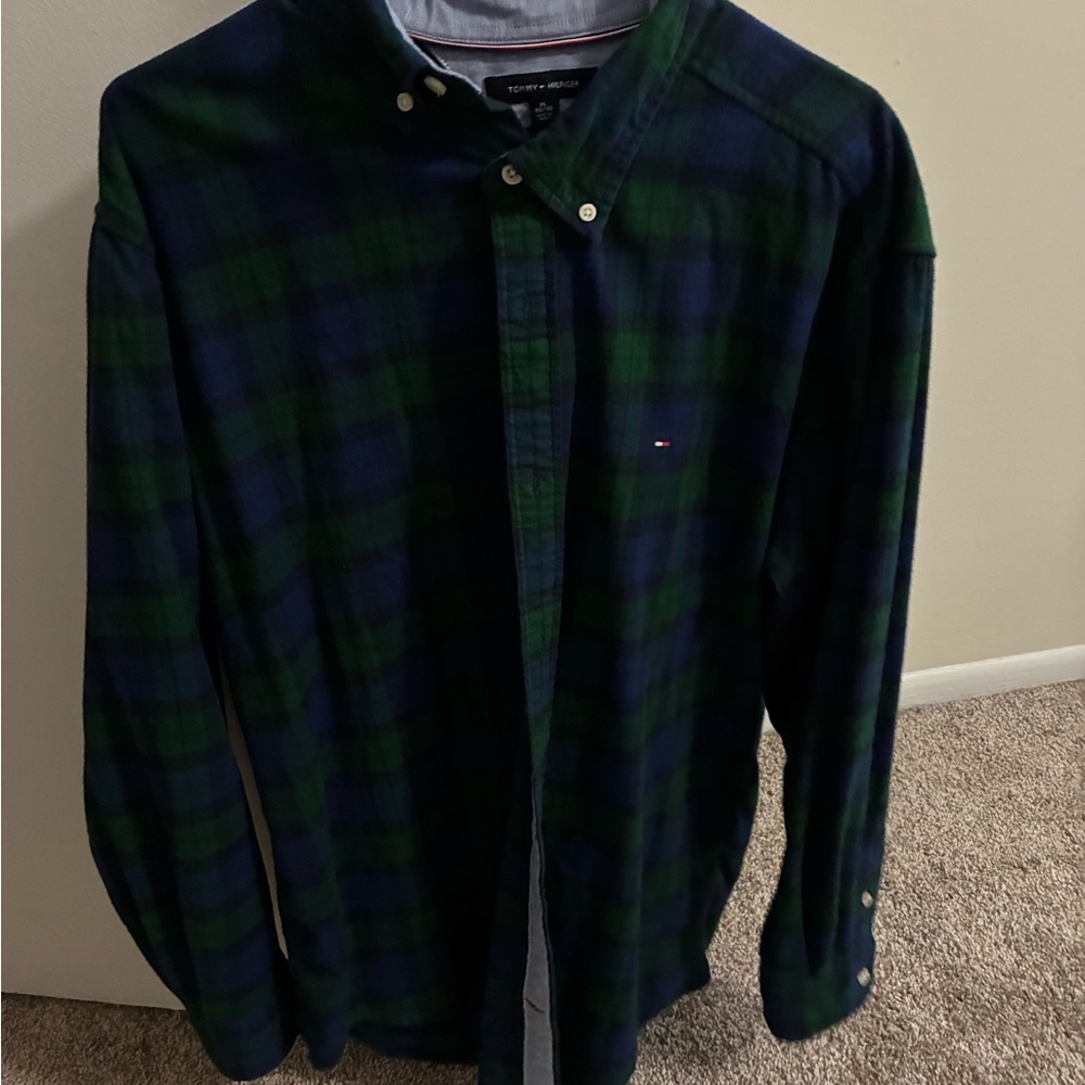 Tommy Hilfiger Blue and Green Checkered Shirt